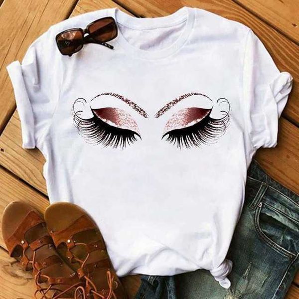 

spring women's short sleeved t-shirt cartoon eye shadow eyelash hand-painted printing series short sleeved women's t-shirt, White
