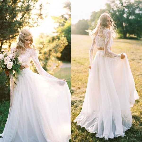 

2017 romantic bohemian two pieces wedding dresses long sleeves lace crop chiffon beach country wedding gowns bridal dress270q, White