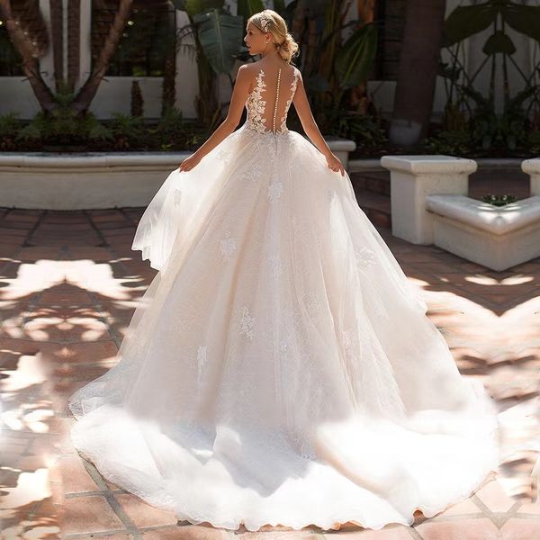

2023 v neck wed dress see through button back long full lace appliques new vintage lace wedding dresses vestios de novia bridal gown custom, White