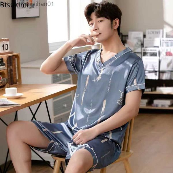 

men's sleepwear new 2023 pajamas men's summer pajama set v-neck short sleepwear casual pajamas men's large-sized pajamas ice, Black;brown
