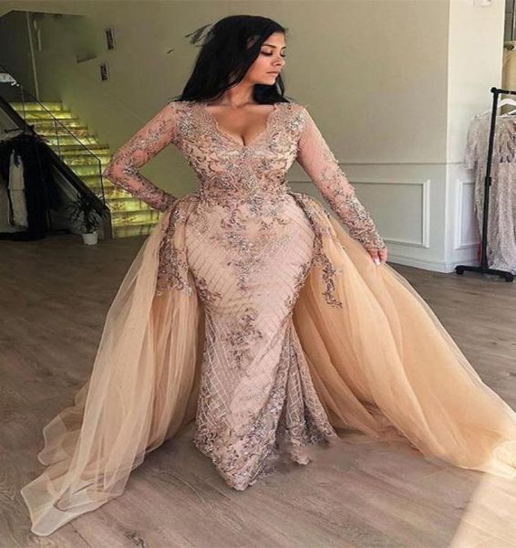 

arabic champagne sequin mermaid evening dresses with detachable skirt vneck dubai women formal prom dresses long sleevs6187049, Black;red