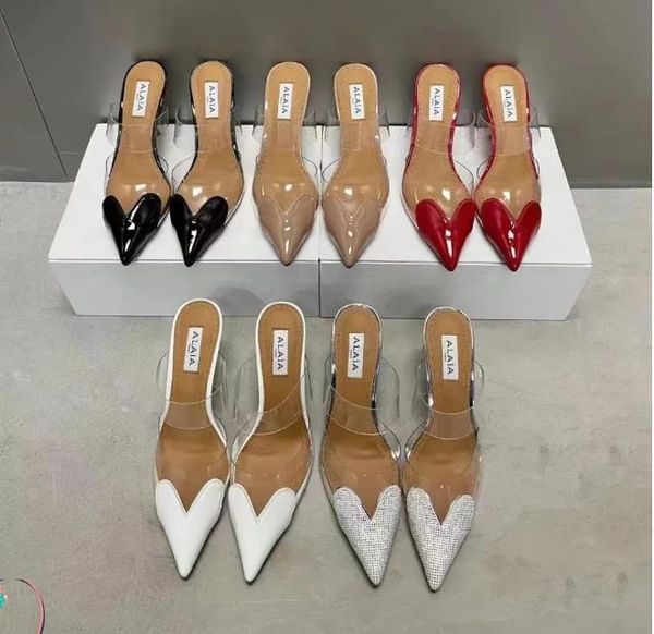 

designer glitter crystal heart shaped pointed toes dress shoes clear pvc mules evening shoes heart mules in sandals 105mm luxurys shoe ladie, Black