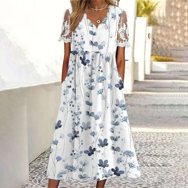 

summer floral print v neck short sleeved dress with a big holiday style for women, Black;gray