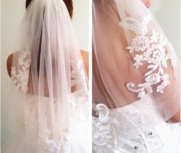 

in stock short one layer waist length beaded diamond lace appliqued white or ivory wedding veil bridal veils accessories 084210, Black