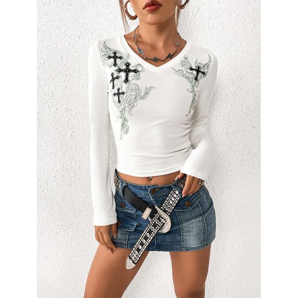 

women's t-shirt goth dark grunge y2k aesthetic printed t-shirts long sleeve gothic vintage cross crop women v-neck ribbed white street