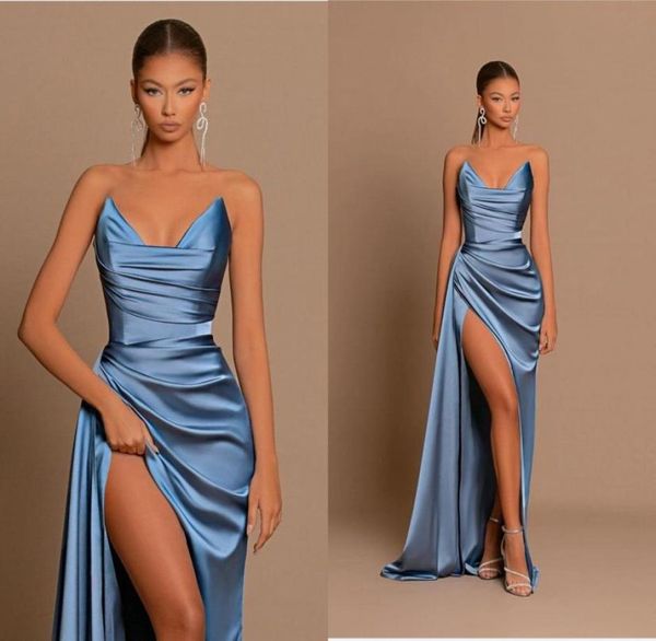 

light blue mermaid prom dresses for women on black girls sweetheart pleats draped high side split pleats formal bithday party9668192