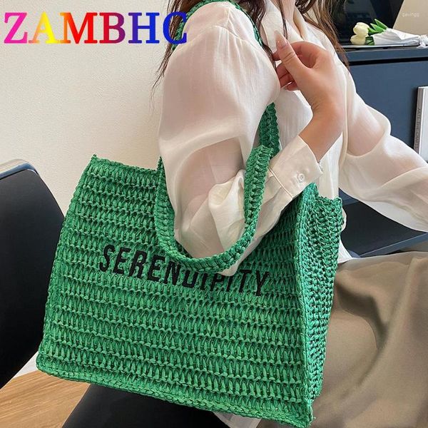 

green large capacity straw handmade weave shoulder side for women summer trend female beach handbags and purse sac