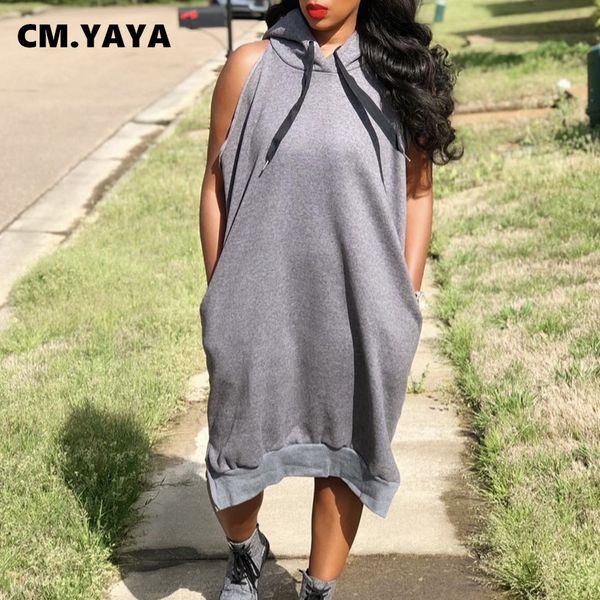 

basic casual dresses cm.yaya women dress for streetwear slit sleeveless hooded loose sweatshirt style active grey dresses 230720, Black;gray