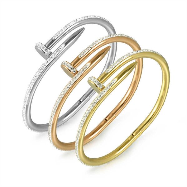 

new ins wind nail inlaid diamond steel card home light luxury colorless women's versatile fashion bracelet, Golden;silver