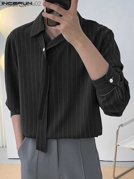 

men's sweaters fashionable men's striped shirt lapel long sleeved street clothing tie autumn casual men's clothing 2023 korea, White;black