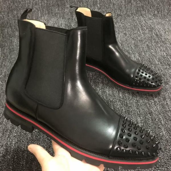

with box loubutins christians red-bottomes 2023 spikes shoes women short booties dress ankle boot heels boots luxury reds soles heel men boo, Black