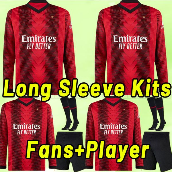 

long sleeve ibrahimovic 23 24 soccer jerseys ac milans giroud r. leao bennacer kessie romagnoli calhanoglu tonali rebic 2023 2024 home away, Black;yellow
