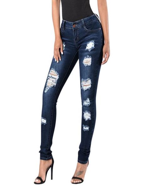 

2020 new black jeans woman high waist fashion button zipper pocket hole pants slim skinny ripped jeans denim casual femme1577108, Blue