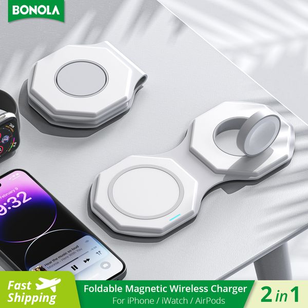 

Bonola 2 in 1 portable foldable wireless charger for Apple watch8/SE/Ultra iPhone8/X/XS/XR/11/12/13/14 Magnetic 15W fast wireless Charging with Strong foldability B025