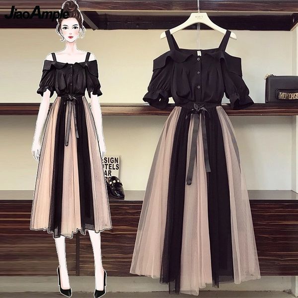 

two piece dress women summer clothing suit fashion slash neck black shirt skirts set korean sweet girls flare sleeve layers mesh bow-knot dr, White