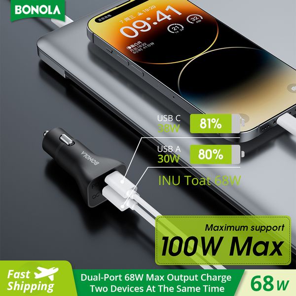 

Bonola iPhone8/13/12/11/X/XR/XS/Xiaomi/Samsung Mobile Phone QC 3.0 4.0 Type C Car adapter 100W Dual Ports USB PD Car Charger Use with wireless charging