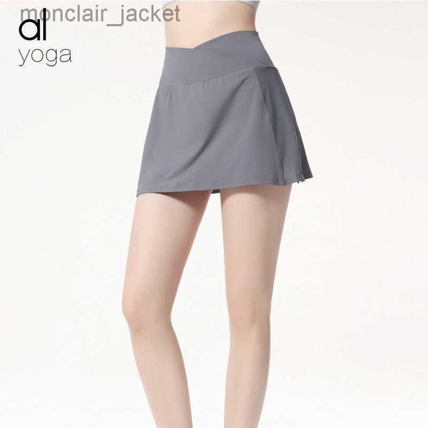 

desginer alo yoga bra summer anti glare fitness short skirt women's high waisted mesh patchwork pants sports tennis skirt, Black