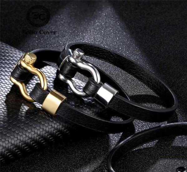 

simple anchor leather bracelets men women blacksilvergold stainless steel shackles clasp bangle homme wristband couple jewelry7196104, Golden;silver