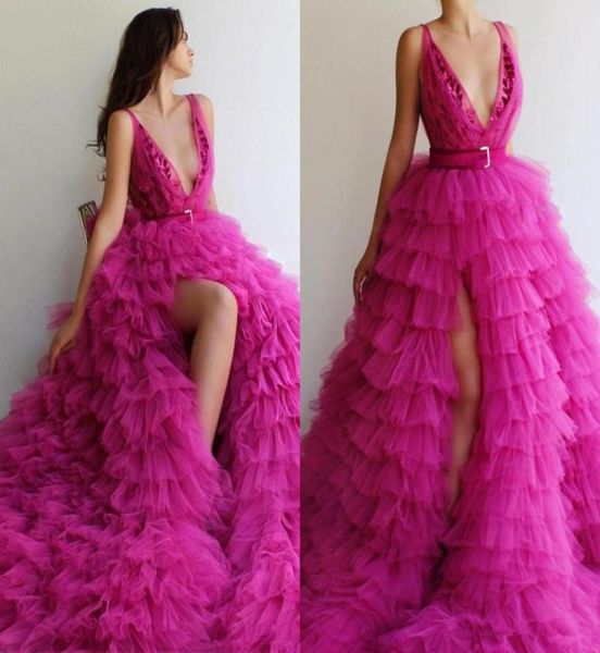 

fuchsia tiered prom dresses with deep v neck ruffles cake skirts tulle red carpet celebrity evening dress puffy side split pageant8134549, Black