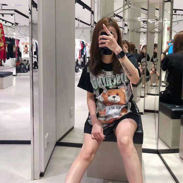 

mos fashion brand 2023 new money bear print t-shirt women's dollar bear t loose comfortable casual short sleeve top, White