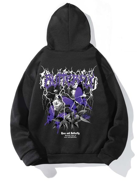 

men 's fashion romwe guys butterfly letter graphic drawstring hoodie, White;black