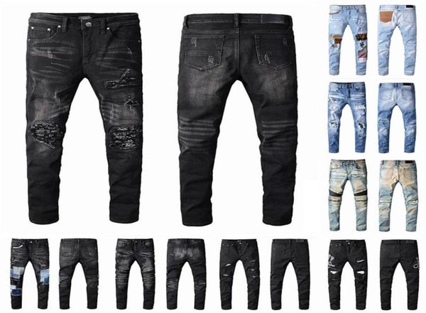 

jean mens designers jeans distressed ripped biker slim fit motorcycle bikers denim for men s fashion mans black pants hiphop pour2285869, Blue
