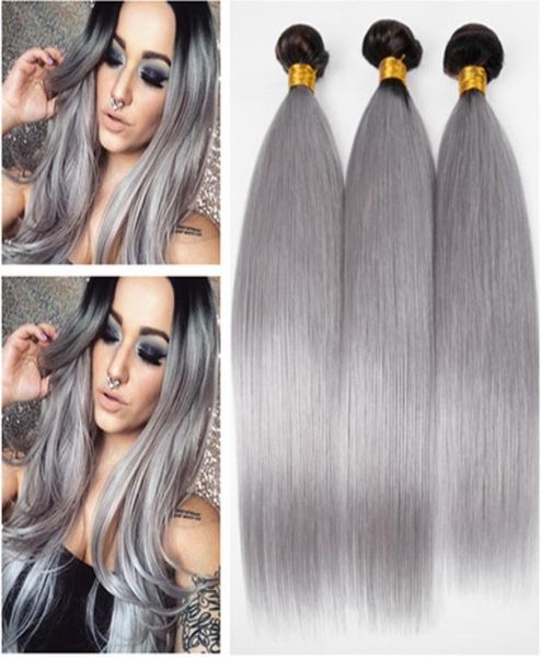 

1bgrey dark root ombre peruvian human hair weave bundles straight black and silver grey ombre human hair weft extensions 3pcs lo4618608