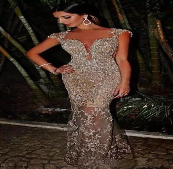 

2019 sequins blingbling arabic sheer crew neck mermaid evening dresses cap sleeves see through skirt vestidos fiesta party pr5741880, Black