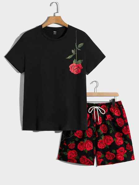 

men's clothing men floral drawstring waist shorts, White;black