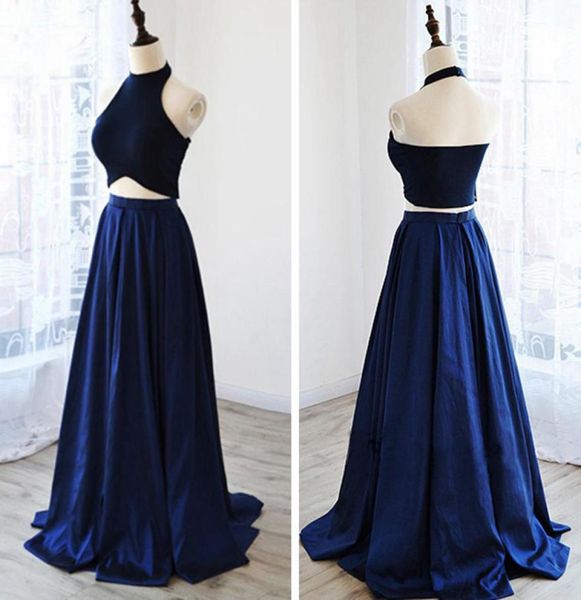 

2019 modern halter neck women prom dresses 2 pieces aline sweep train simple evening dresses satin skirts open back pageant 4477762, Black