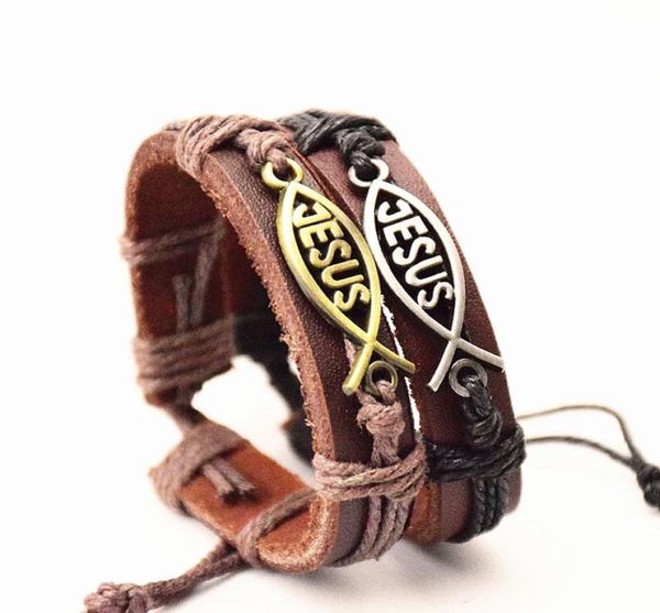 

whole 10pcslot silvergold handmade jesus christ fish leather cuff bracelets for men women fashion jewelry brand new5007603, White