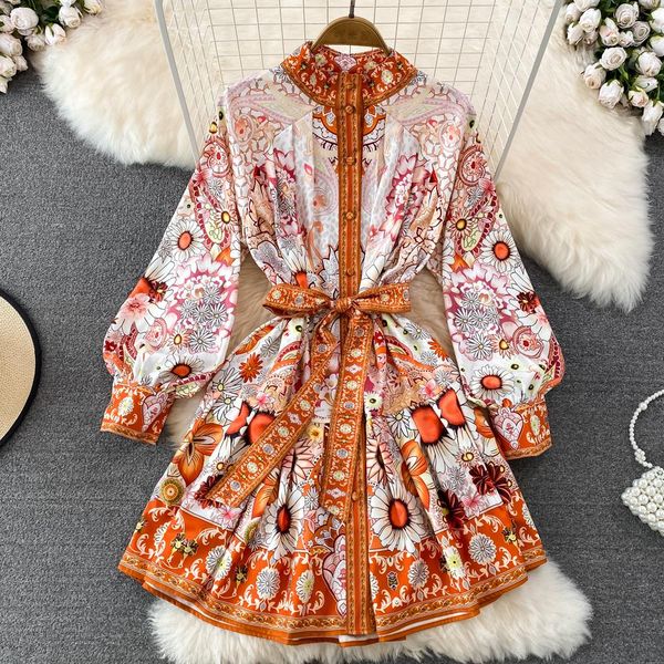 

runway dresses women dresses orange floral print pleated dress for women stand collar lantern long sleeve lace up slim high waist mini dress, Black