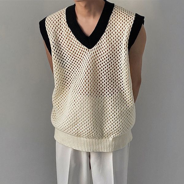

men  tank contrasting color v neck knitted sweater vest spring casual sleeveless hollow loose tee trendy streetwear 230721, White;black