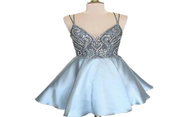 

chic blue knee length homecoming dress 2020 spaghetti straps short beading prom party gowns mini 8th graduation dress cockta5822149, Blue;pink