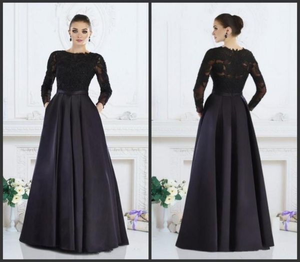 

black mother of the bride dresses with pockets lace long sleeves elegant evening party gowns a line satin dress formal occas9892096, Black;red