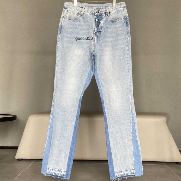 

pants ripped wash fashion amirly cool stylish leisure men's brand light color jeans stitching elastic loose designer high-street flare, Blue