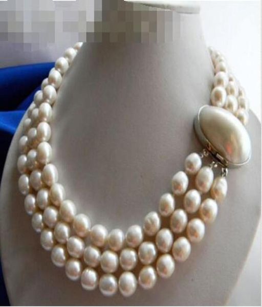 

3strands 11mm white rice freshwater pearl necklace012342766699, Silver