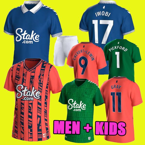 

23 24 everton gray soccer jerseys 2023 2024 onana mcneil gueye doucoure garner mykolenko godfrey home away men kids evertons football shirts, Black;yellow