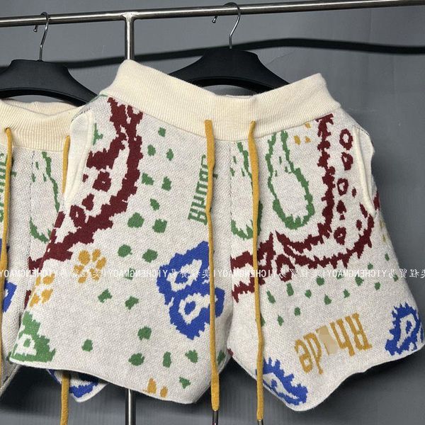 

rhude shorts designer short mesh mens breathable shorts waist flower jacquard letter drawstring wool shorts knitted men's casual p vbxc, White;black