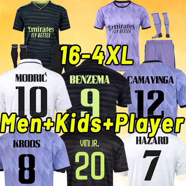 

benzema soccer jerseys 22 23 fans player version football shirt vini jr modric rodrygo rudiger men 2022 2023 camavinga casemiro real madrids, Black;yellow