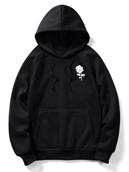 

men 's fashion romwe guys rose graphic pocket hoodie, White;black