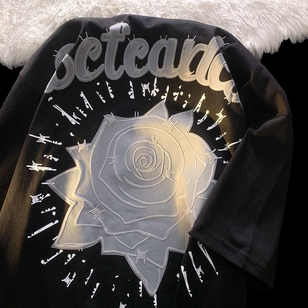 

women's tshirt european and american high street tshirt retro rose print short sleeve menand womensummer loose versatile half t shirt 2, White