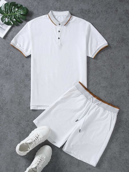

men's clothing mode men striped binding polo with shorts, White;black