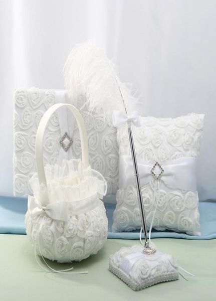 

2020 trendy fashion wedding ceremony party love case satin bowknot rose flower girl basket wedding guest book pen set ring pil3645901