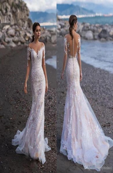 

full lace long sleeves mermaid wedding dresses appliqued bridal gowns custom sweep train beach wedding dress vestido de novia3366146, White