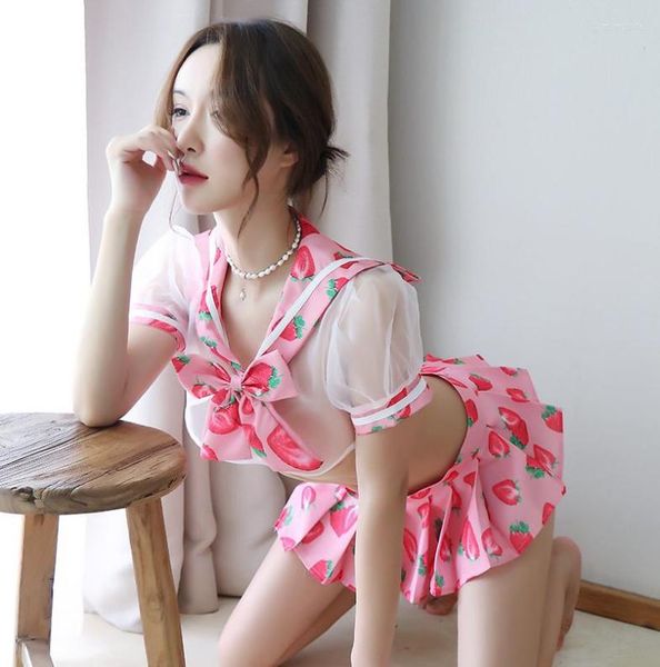 

women039s sleepwear fairy costume sailor with pink color uniform kwaii strawberry print transparent lolita bra panty under4460185, Black;red
