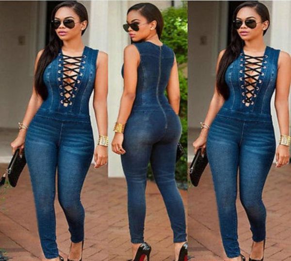 

whole women laceup denim clubwear playsuit bodycon party jeans bandage jumpsuit bodysuit long trousers summer8108920, Black;white