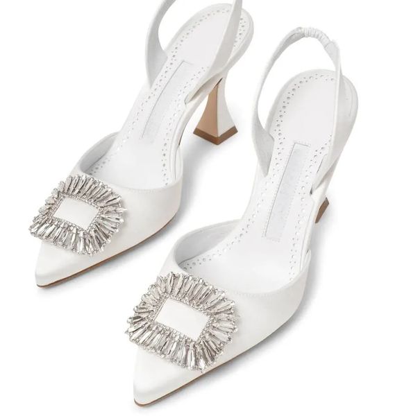 

elegant style prietasli women sandals shoes crystal-embellished buckle two-tone flared heel satin white black slingback lady party wedding p