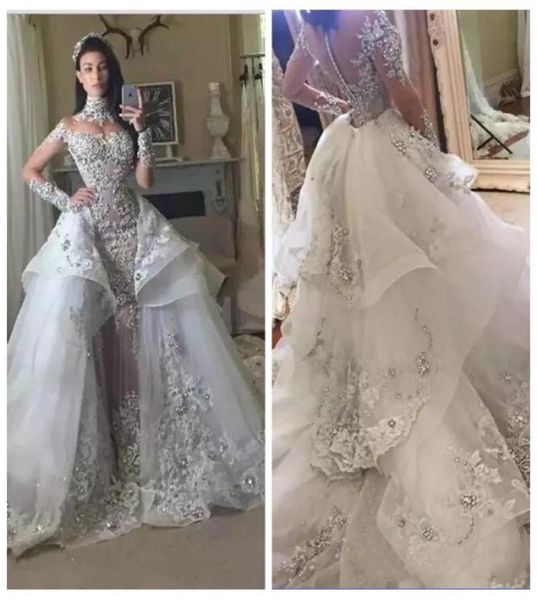 

high neck bling bling mermaid wedding dresses 2019 sheer long sleeves lace appliques with detachable train bridal gowns crystal ve4834159, White