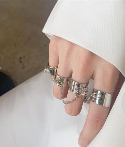 

kpop punk cool egirl multilayer adjustable chain four fingers open silver color rotate rings for men women bff party jewelry4802225